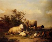 Verboeckhoven, Eugene Joseph - Sheep With Resting Lambs And Poultry In A Landscape